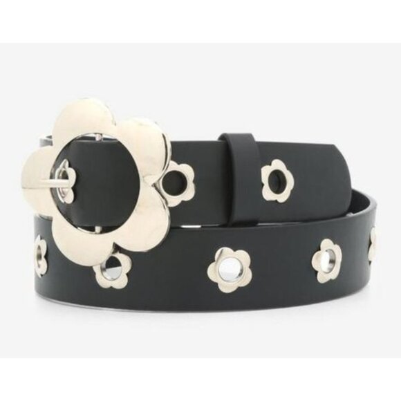 Croute De Cuir Leather Grommet Belt Flower Buckle Black Split Leather Sz 38 Y2K - Picture 2 of 13